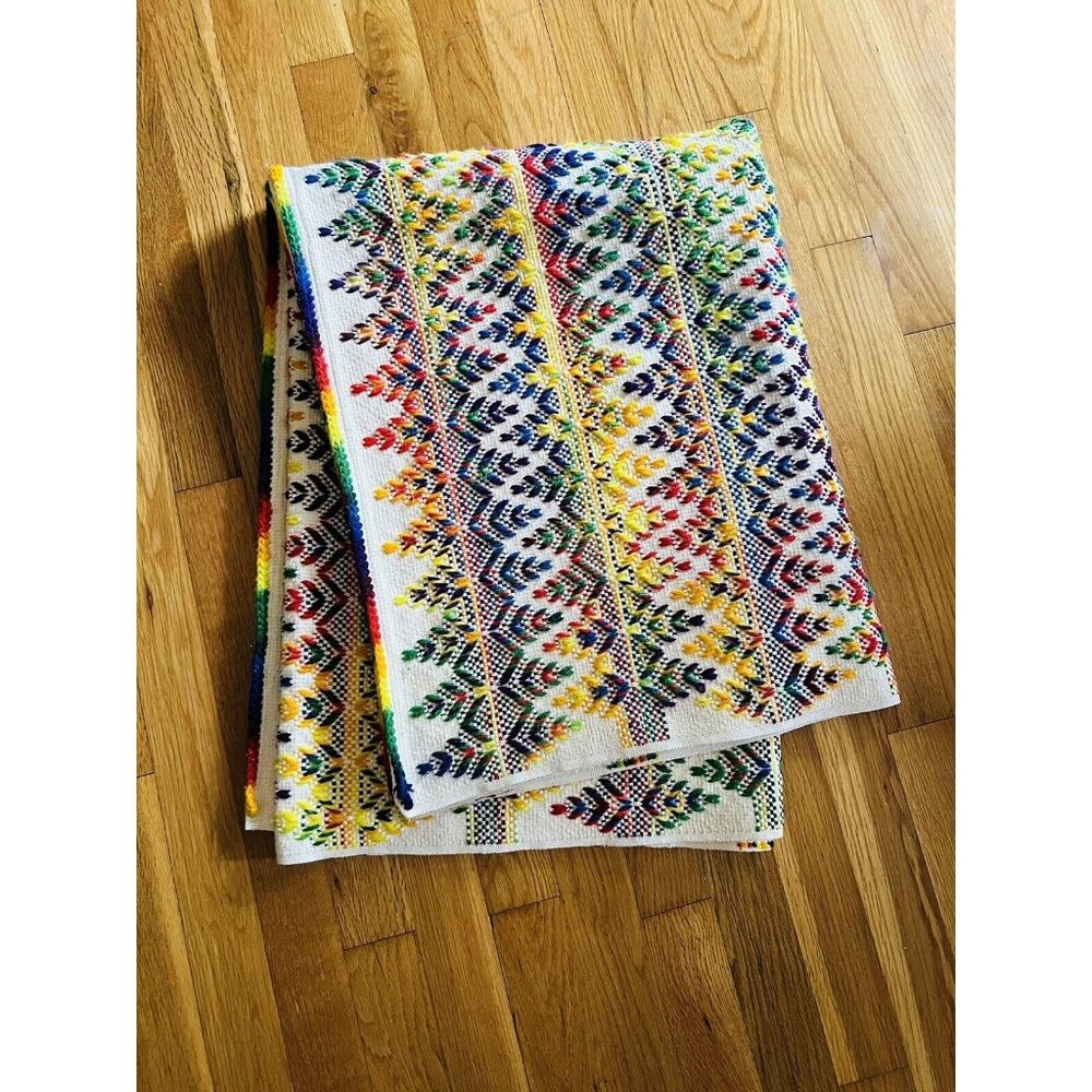 Rainbow White Handmade Throw Crochet & Needlepoint Vintage Beautiful Colorful